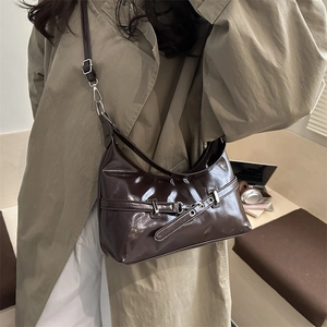 Minimalist deep brown shiny underarm shoulder bag with metal buckle and vintage belt