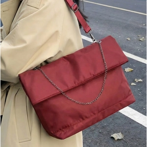 Women's burgundy large capacity nylon shoulder bag with adjustable strap and chain