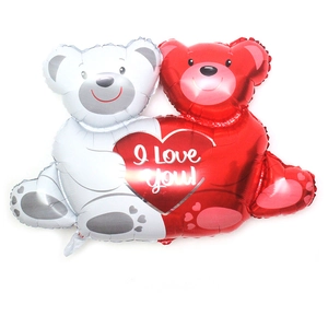 Mini bears holding heart foil balloon with I Love You print for party decor