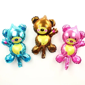 Three cute mini bear foil balloons in blue, gold and pink for birthday decorations