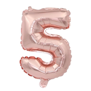 Detail of rose gold number 5 foil balloon with metallic finish and inflation valve