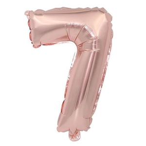 Close-up of rose gold foil balloon number 7 with metallic texture for party decor