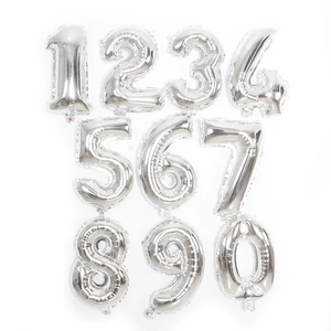 Silver 32-inch foil number balloons 0-9 set for birthday party decorations on white background