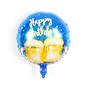 Blauer runder Folienballon zum Geburtstag mit Happy Birthday Text und Bierglas Illustrationen