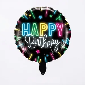 Palloncino in alluminio nero da 18 pollici stile neon Happy Birthday con stelle colorate