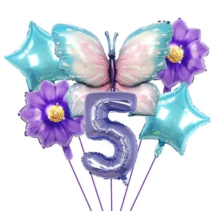 Kit de ballons papillon et chiffre 5 violet avec étoiles et fleurs bleues pour anniversaire