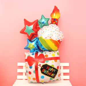 Large Star Candle Cake Gift Box Shape Aluminum Foil Balloon Colorful Birthday Party Decoration Happy Birthday Mylar Balloon