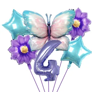 Kit ballons papillon et fleurs violettes avec chiffre quatre pour anniversaire