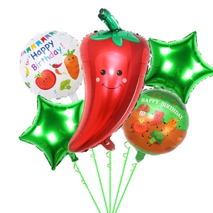 5-piece vegetable balloon set featuring chili shape and Happy Birthday cartoon graphics