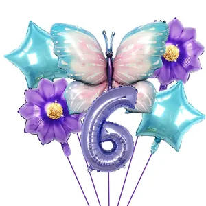 Détail du ballon chiffre 6 violet et papillon dégradé pour décoration d'anniversaire
