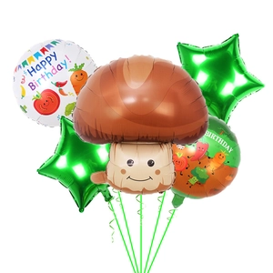 5-piece vegetable party balloon set including smiling mushroom and round veggie prints