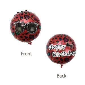 Close-up of heart leopard print birthday balloon with sunglasses and happy birthday text