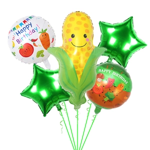 5pcs vegetable theme foil balloon set with cartoon corn and Happy Birthday round balloons