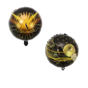 Detailed front and back views of music-themed foil balloons with golden notes and silhouettes