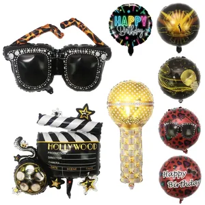 Hollywood Movie Theme Aluminum Foil Balloons Musical Microphone Leopard Sunglasses Camera Party Decor Birthday Photography Props