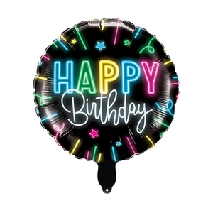Neon Happy Birthday round foil balloon with stars for festive party decorations