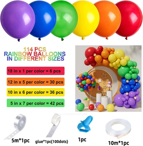 Infographie montrant kit arche de 114 ballons colorés avec tailles de 12 à 45 cm