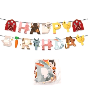 Farm animal themed Happy Birthday banner featuring cartoon cows, pigs and sheep