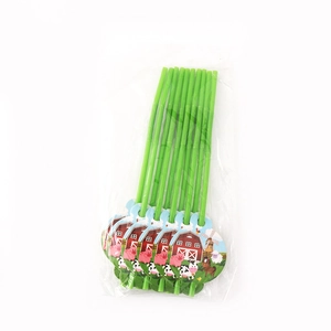 Set of 10 green flexible straws featuring cartoon farm animal decorations and barn icons