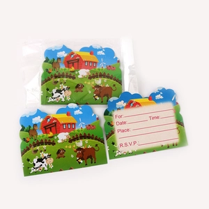 Farm animal themed birthday party invitation cards with cow and barn designs