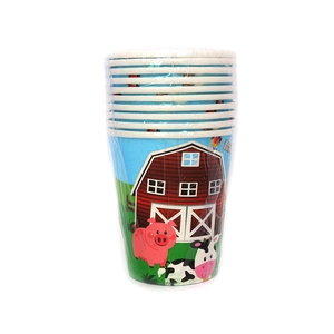 Close-up of stacked farm animal party paper cups in clear plastic packaging