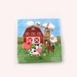Pack of farm animal theme paper napkins with colorful barn, pig, and cow illustrations