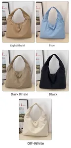 Collage of canvas tote bags in five colors featuring main zipper and side pocket