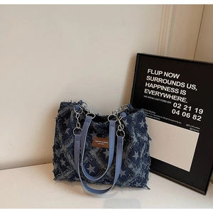 Distressed Denim Tote Bag For Women Large Capacity Star Checkerboard Print Frayed Edges Shoulder Bag Casual Fashion Handbag