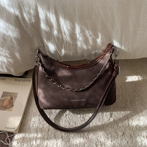 Sac en Bandoulière Rétro en Cuir PU pour Femmes Texture Givrée Sac à Épaule Sous les Bras Hobo Bag Chaîne en Métal Grande Capacité Sac de Navette