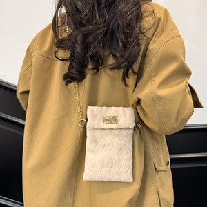 Chic beige quilted crossbody phone bag with gold chain strap and metal clasp closure