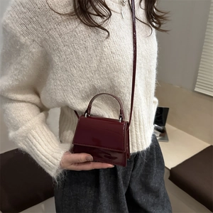 Vintage burgundy patent leather micro square bag with top handle and crossbody strap