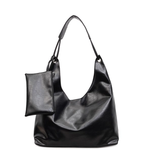 Large black hobo shoulder bag with a small detachable pouch in polished faux leather