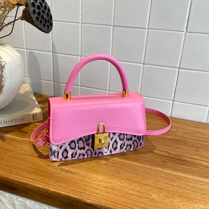 Trendy Leopard Print Patchwork Crossbody Bag For Women Retro PU Leather Shoulder Bag With Gold Lock Buckle Top Handle Square Bag