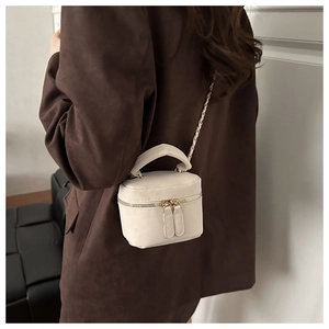 Detailed view of a cream-colored vanity case bag featuring a top handle and chain strap