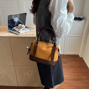 Retro mustard yellow suede and brown leather pillow bag for women with shoulder strap
