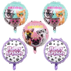 Ballon Joyeux Anniversaire en Film d'Aluminium Thème Animaux Chat Chien Empreinte de Patte Ballon Rond Décoration de Fête