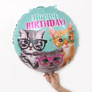Ballon rond vert menthe de 18 pouces avec chats à lunettes et texte Happy Birthday
