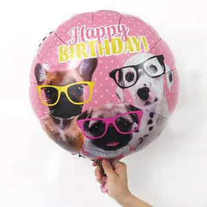 Ballon en aluminium rose à pois de 18 pouces avec chiens et Happy Birthday