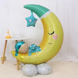 Standing 4D moon balloon set with sleeping baby, blue star and cloud base for birthdays