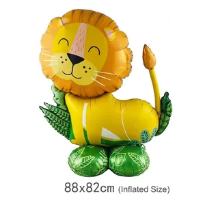 Standing lion aluminum balloon with 4D base for jungle themed birthday, 88x82cm