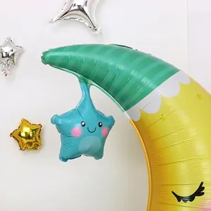 Self-standing 4D moon balloon with sleeping face and blue smiling star for parties