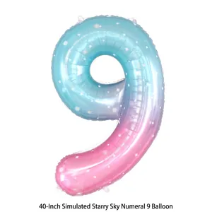 Large 40-inch blue and pink gradient starry sky foil balloon in number 9 shape for parties