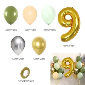 40 Zoll Gold Nummer 9 Ballon Set mit avocado-grünen und metallischen Latexballons