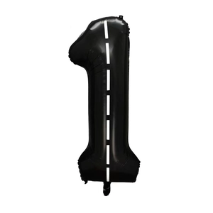 Black racing track style number 1 foil balloon with white dashed lines for birthdays