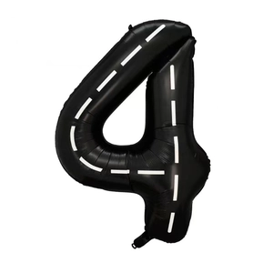 Detail of a 40-inch black number 4 foil balloon with white racing track pattern for parties
