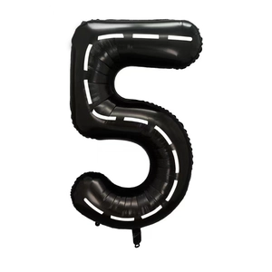 Detailed view of number 5 black foil balloon with white road racing stripe patterns