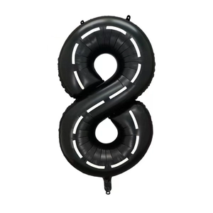 Detail of black 40-inch foil number 8 balloon with white racing track pattern for party