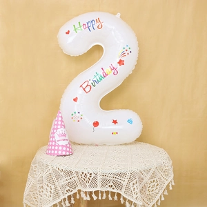 32-inch white number 2 foil balloon with Happy Birthday print for 2nd birthday decor