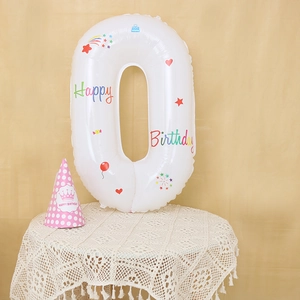 32-inch white number 0 balloon with Happy Birthday print and pink party hat decoration