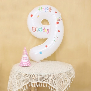 White number 9 foil balloon with Happy Birthday graphics for birthday party decorations